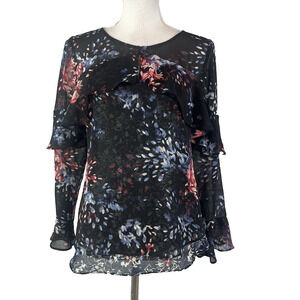 White House Black Market Blouse Tunic sz 4 Black Blue Pink Floral Sheer Ruffles